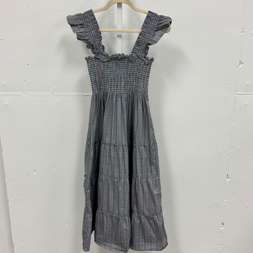 Hill House Ellie Nap Dress XS Grey Blue Plaid‎ Smocked Ruffle Midi Dress Picnic